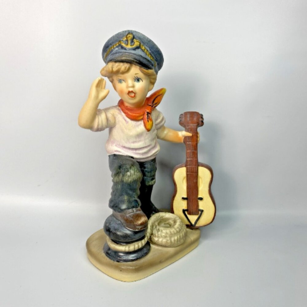Napcoware Ceramic Figurine Boy w/Guitar OUR CHILDREN Anchors Away 5.8 tall 1960s